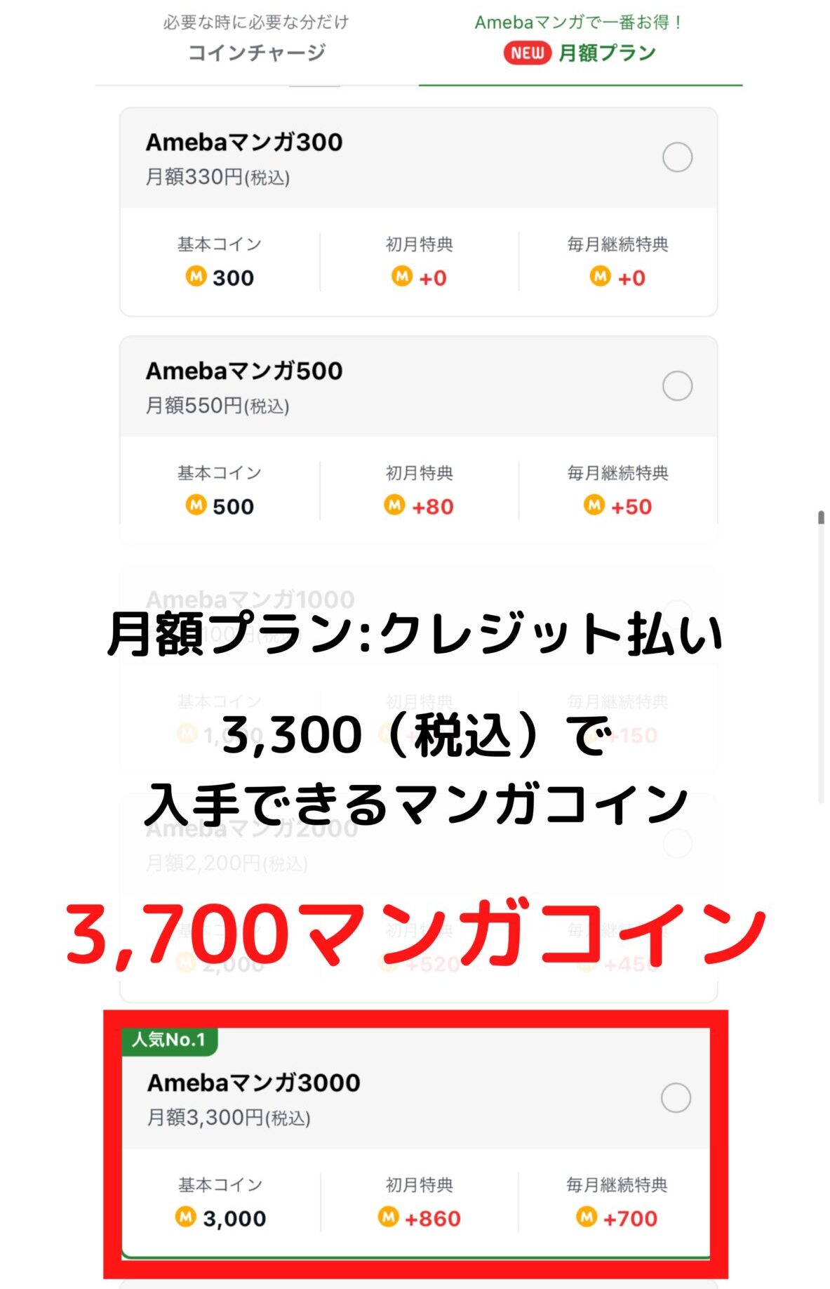 マンガコイン月額プランの場合