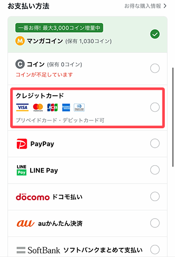 クレジットカード支払いにチェックを入れる